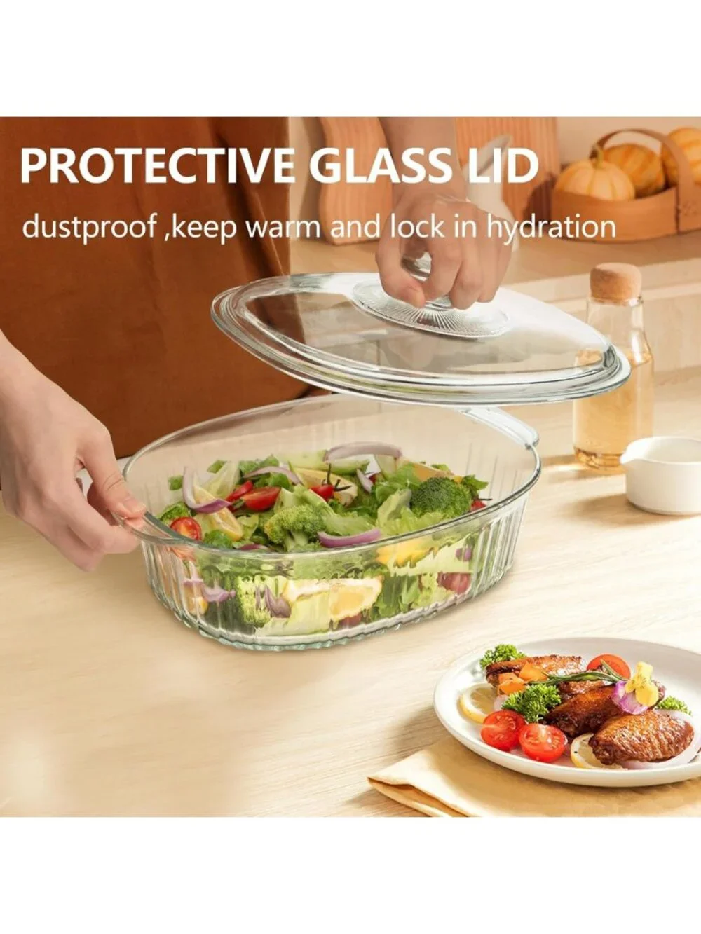 2.8L Glass Casserole Dish with Lid - Ribbed Oval Baking Dish for Oven